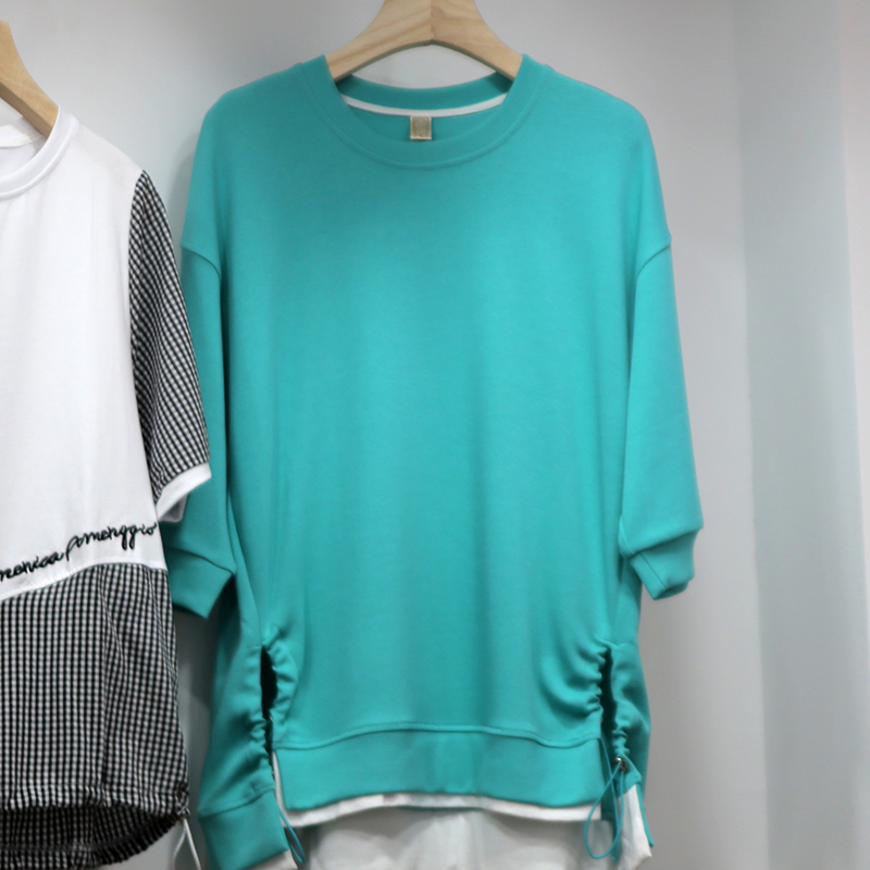 韩版夏季女装新品收腰不规则设计感圆领短袖气质宽松T恤上衣