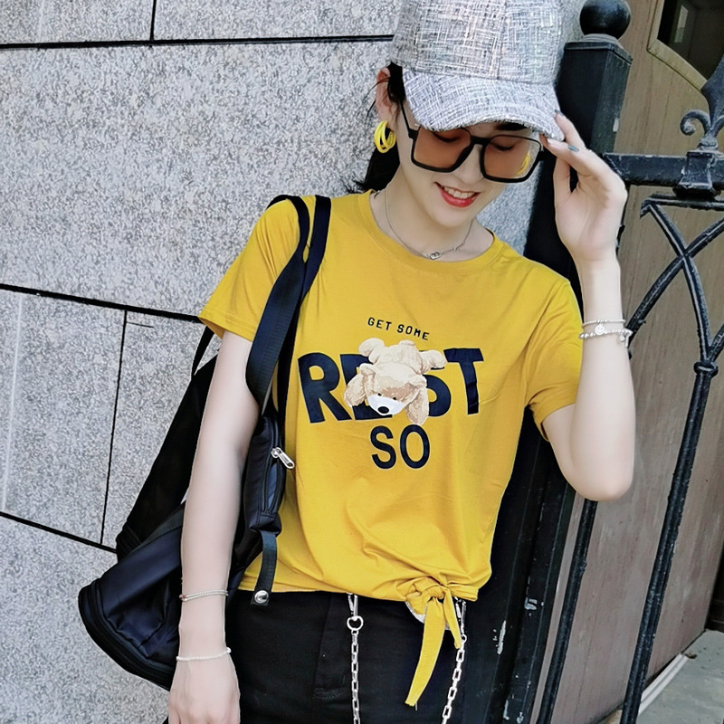 夏季新款套头小熊棉印花绑带圆领短袖休闲宽松女装上衣潮