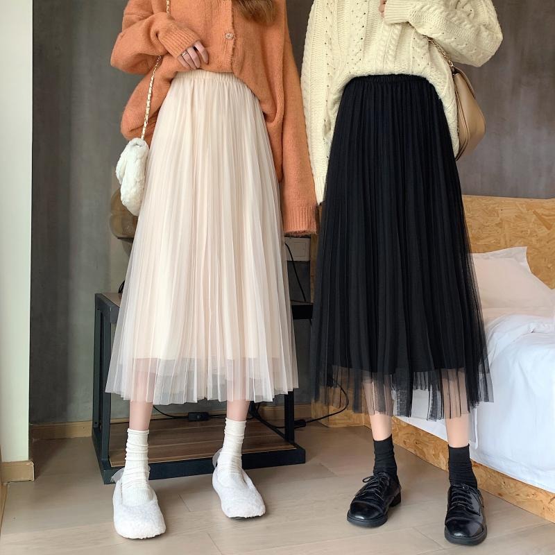 新款高腰百搭显瘦网纱裙百褶裙A字半身裙