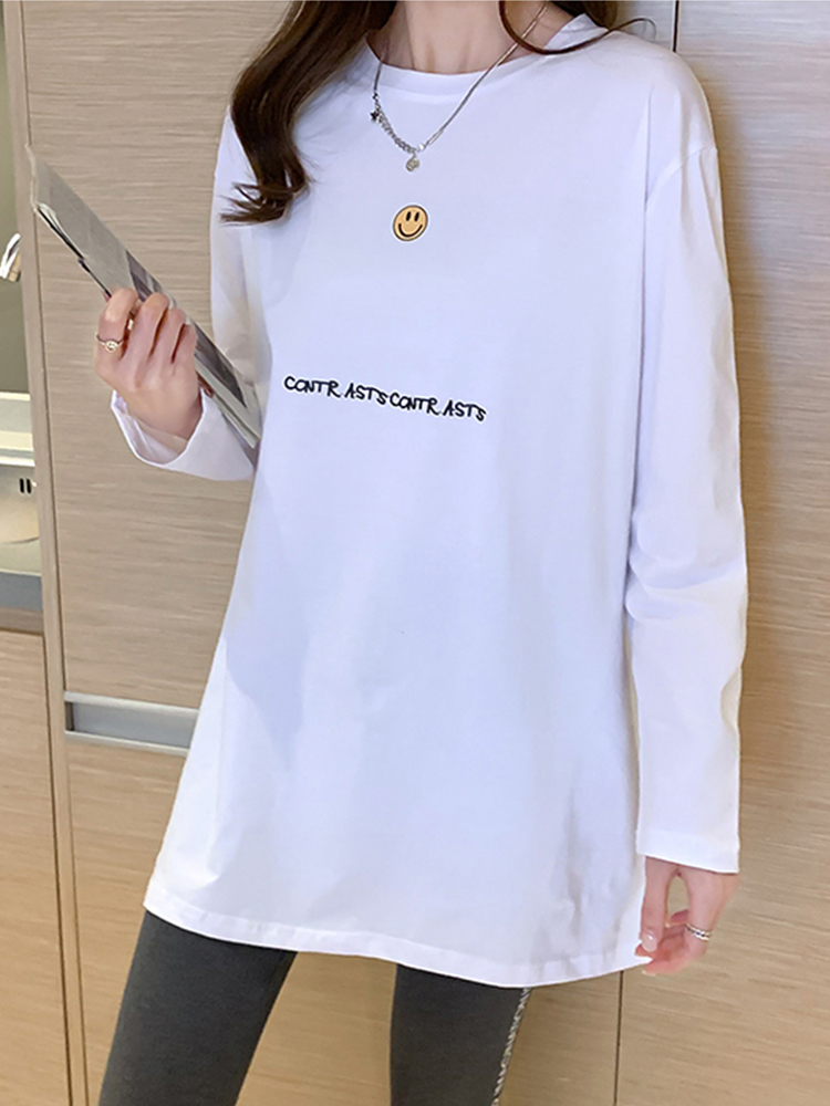 纯棉中长款笑脸印花秋季新款宽松显瘦上衣长袖女纯白t恤衫