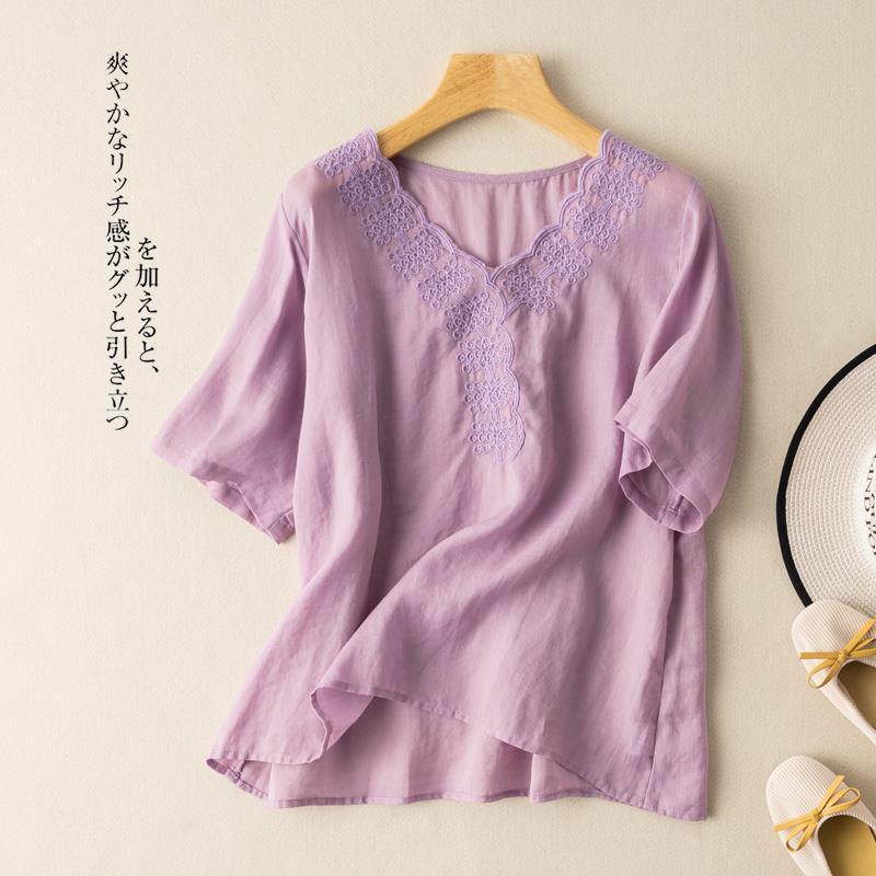 短袖刺绣棉麻上衣文艺复古港味棉麻T恤