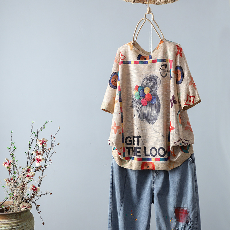 文艺范圆领套头短袖薄款针织棉T宽松显瘦夏季新款显瘦休闲t恤女士