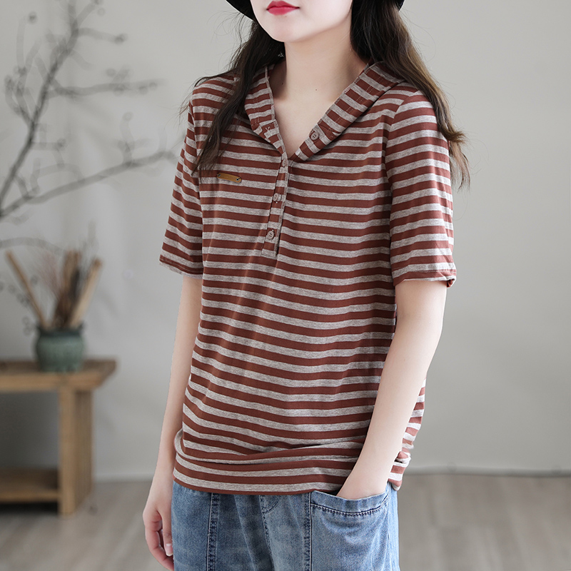 夏新款横条纹连帽棉衫t恤女文艺休闲宽松百搭短袖上衣