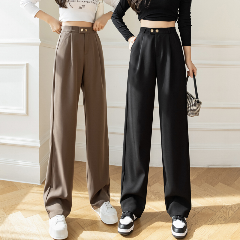 秋季新款卡其色西装阔腿裤女高腰休闲拖地裤宽松直筒烟管裤子