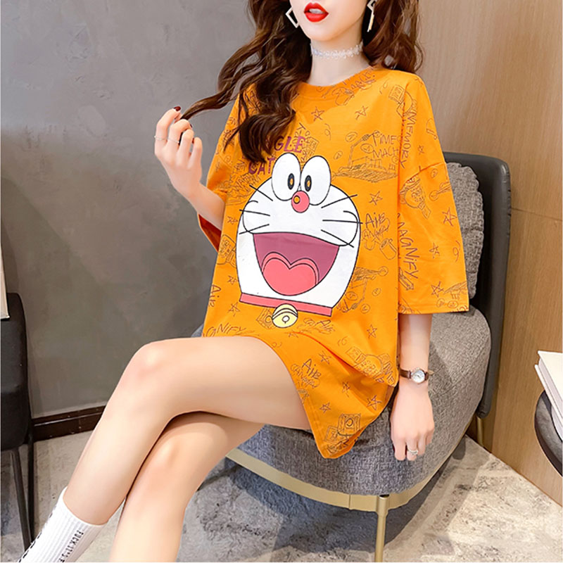 韩版宽松短袖夏季中长款印花T恤