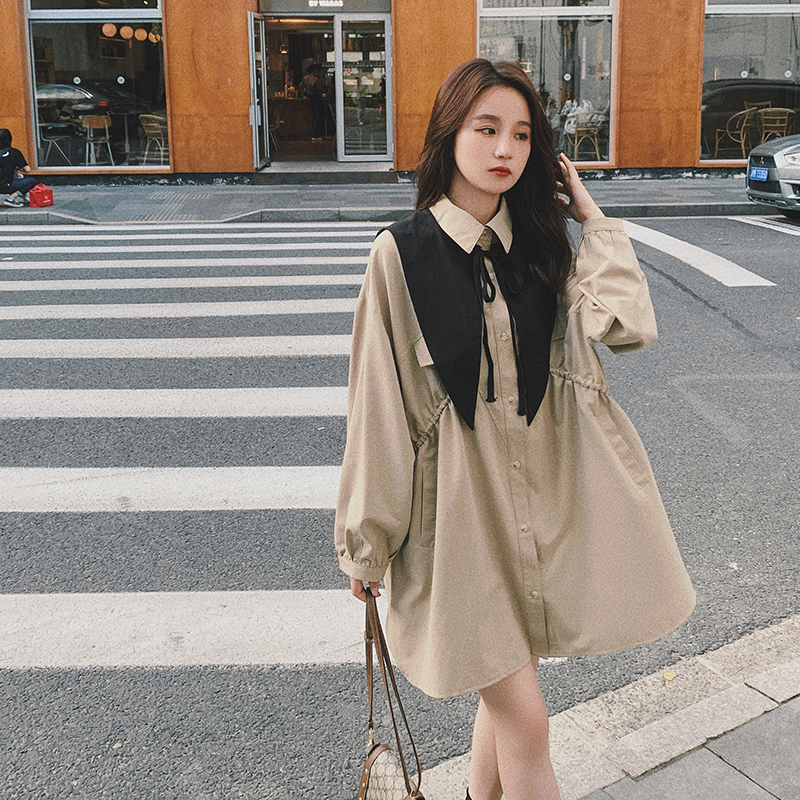 秋新款时尚连衣裙领子可脱韩版披肩衬衫裙宽松中长款衬衣裙