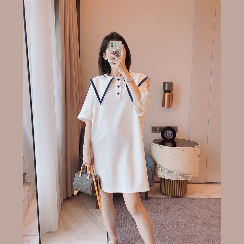 夏季新款海军领领法式简约宽松减龄a字T恤裙