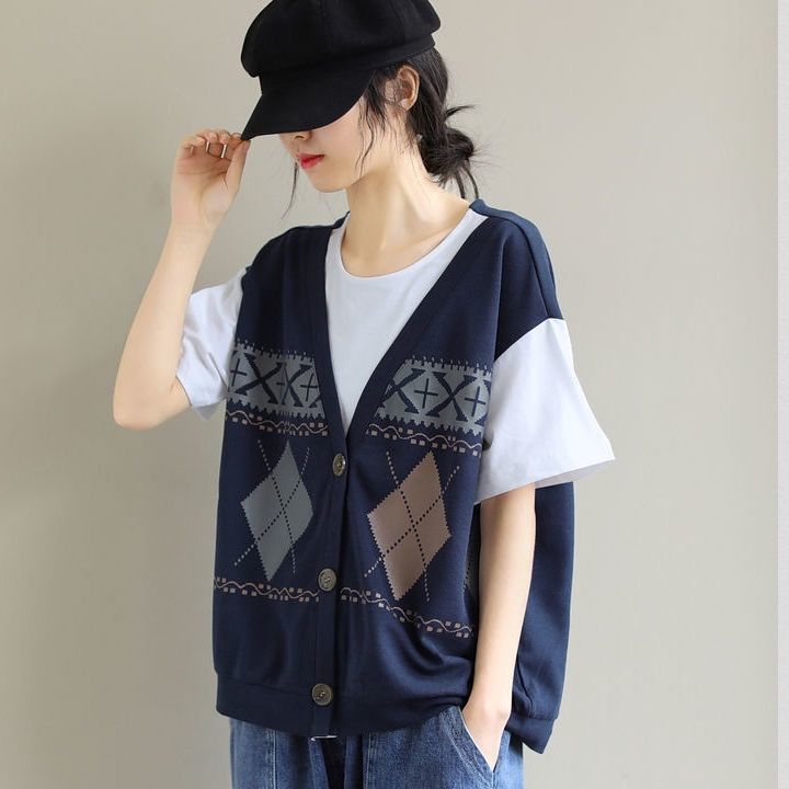 假两件短袖T恤女宽松显瘦拼接针织上衣欧货潮夏季2021新款欧