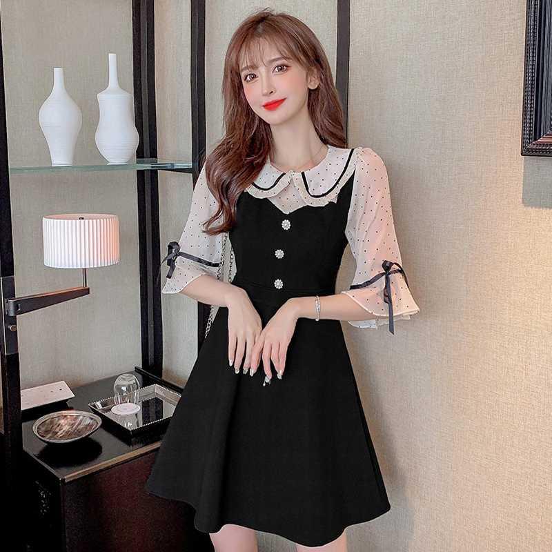 欧洲站女装拼接大码网纱连衣裙新款收腰显瘦赫本风小黑裙