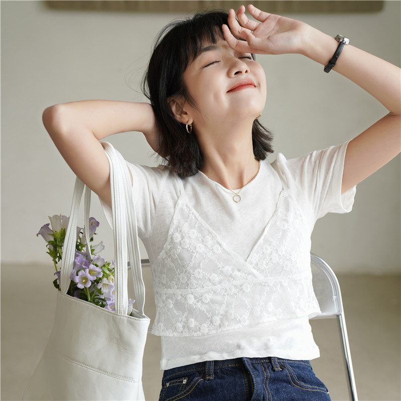 小个子蕾丝两件套短袖T恤女生款高腰短款修身上衣V领吊带