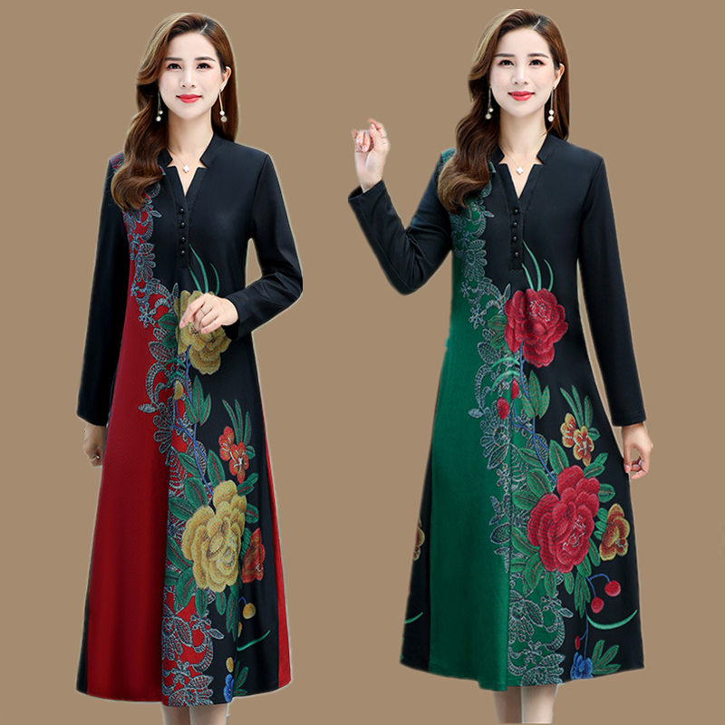 新款妈妈装中长款春秋洋气V领高贵长款阔太太女装印花长袖连衣裙