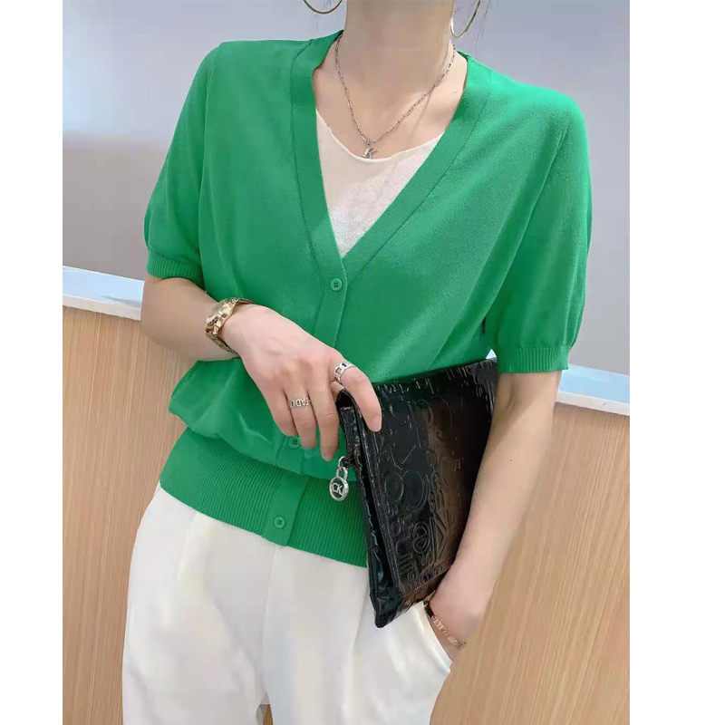 假两件针织套头上衣女夏季新款韩版显瘦v领泡泡短袖冰麻T恤