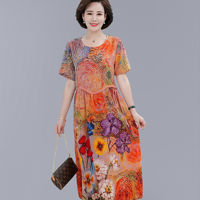 连衣裙中长款中年夏装妈妈遮肚大码花裙子