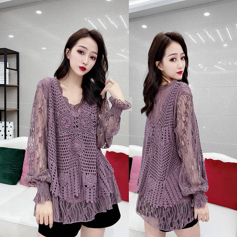 新款欧货洋气镂空蕾丝打底衫女针织复古上衣