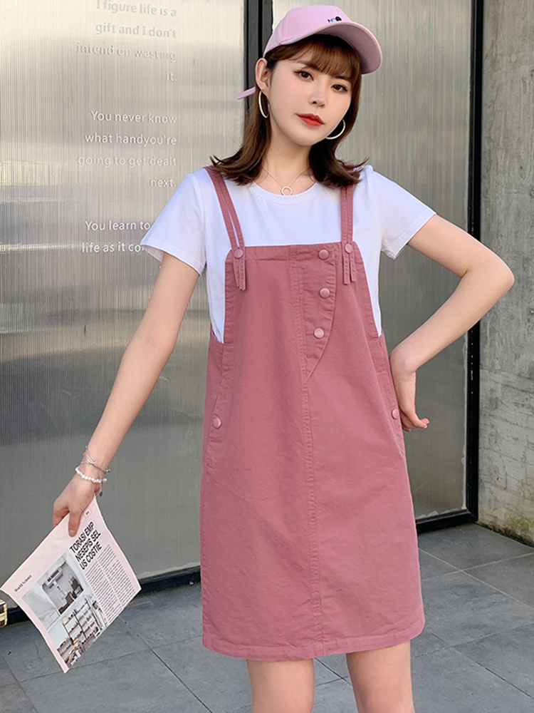 假两件牛仔背带连衣裙夏小个子宽松薄款拼接减龄休闲套装