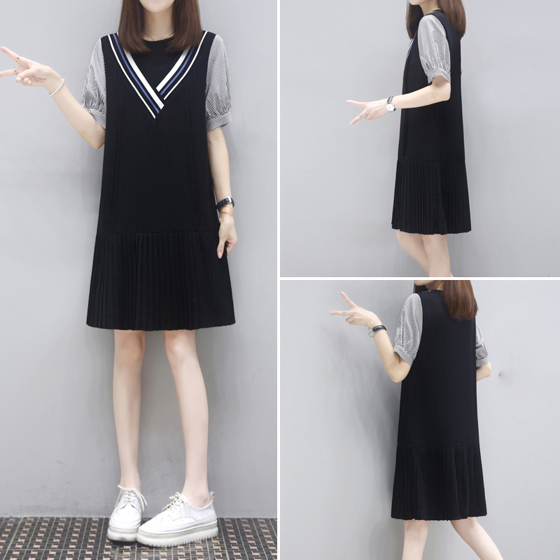 夏装新款宽松显瘦胖mm小个子休闲大码雪纺百褶连衣裙女