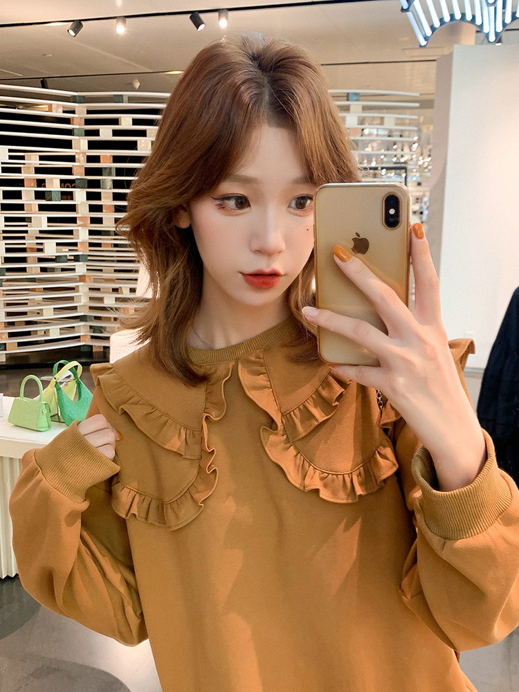 早秋新款小众设计感上衣木耳边娃娃领长袖慵懒风卫衣女