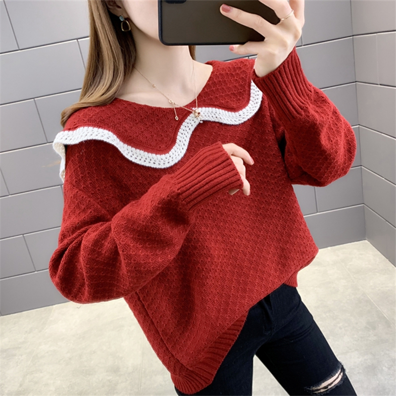 娃娃领拼色毛衣女套头宽松外穿甜美镂空花边大翻领洋气针织衫上衣
