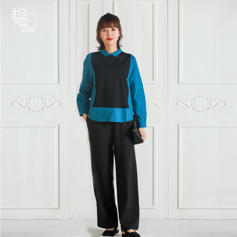春季新款女装上衣休闲韩版POLO领拼料拼色长袖衬衫