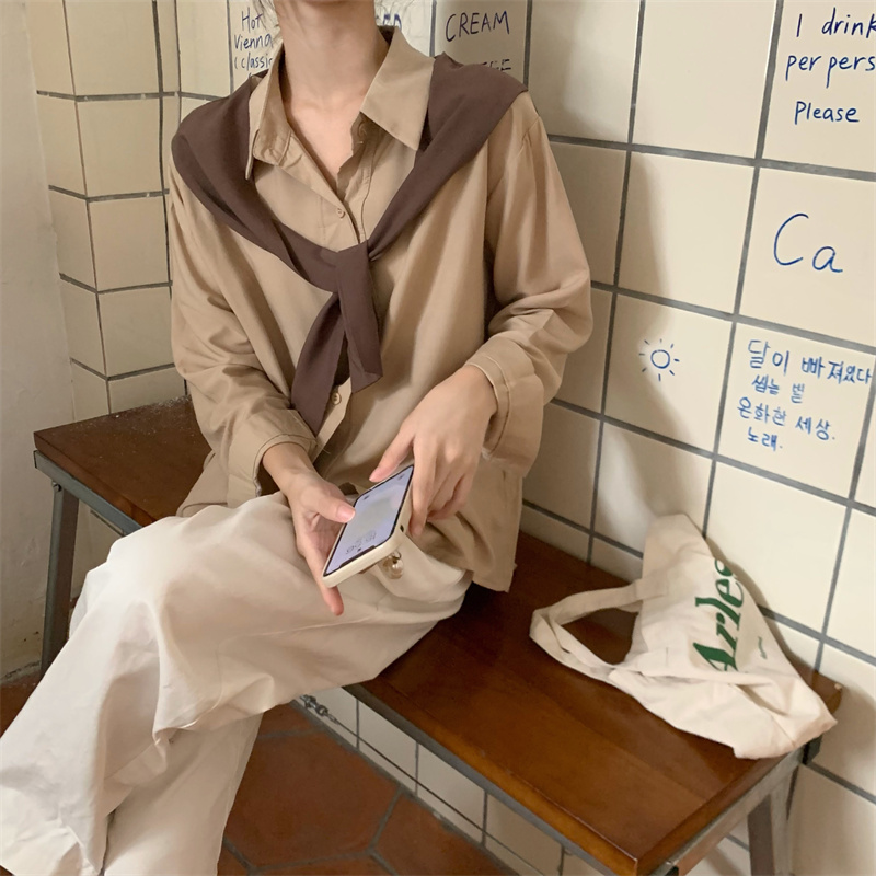 白色开叉polo领长袖衬衫女早秋新款韩版衬衣女宽松显瘦上衣