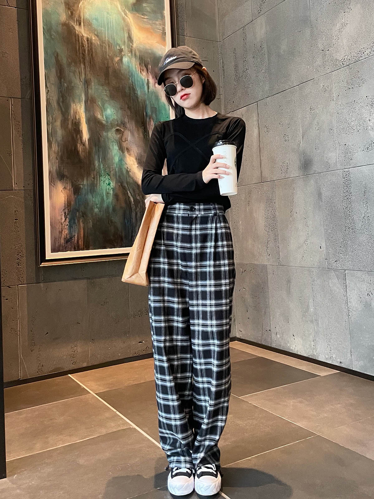 黑白格子裤子女休闲高腰英伦风直筒韩版宽松阔腿裤潮