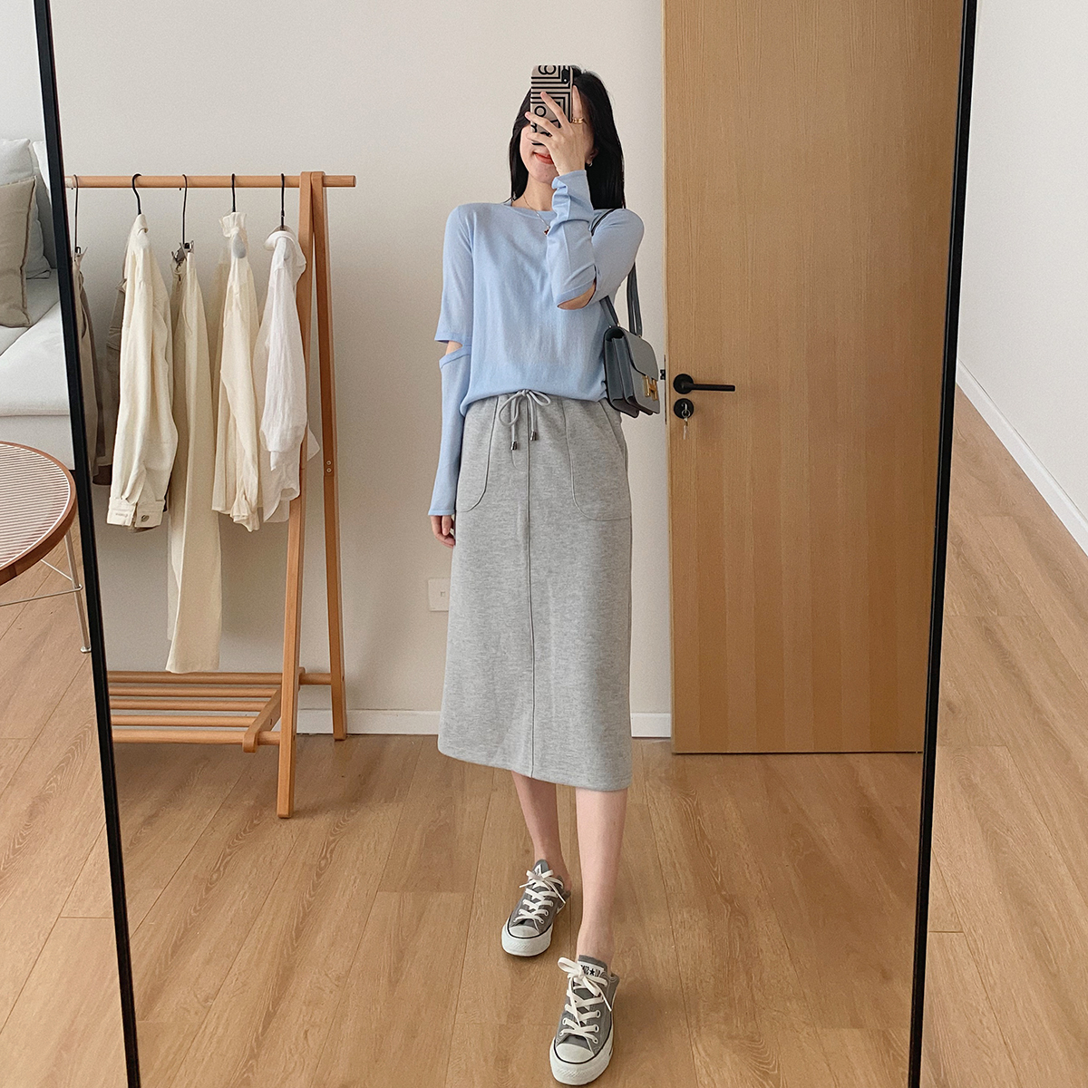 卫裙女中长款夏松紧腰后开叉半身裙直筒休闲裙子