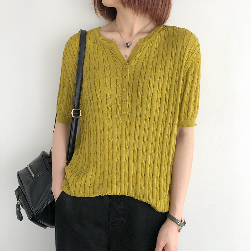 短袖针织衫女夏季新款宽松V领百搭竹节棉上衣套头薄款内搭打底衫