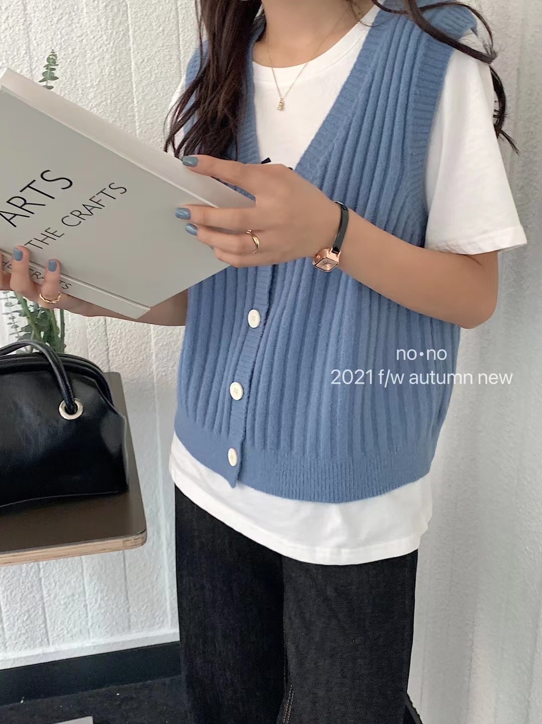 秋季新款纯色V领坑条无袖坎肩针织开衫马甲女ins叠穿背心