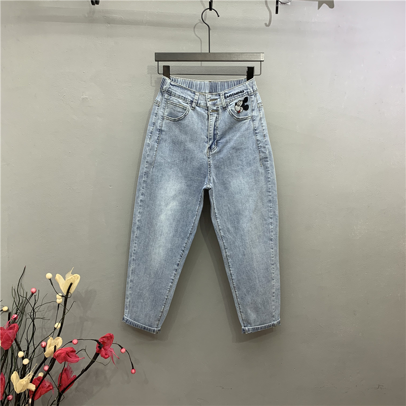 米老鼠牛仔裤女夏季中高腰休闲裤微哈伦