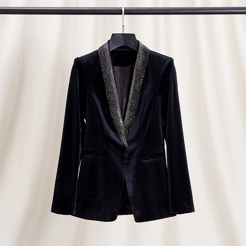 金丝绒烫钻青果领西装外套女士秋冬款长袖垫肩进口丝绒平绒小西服
