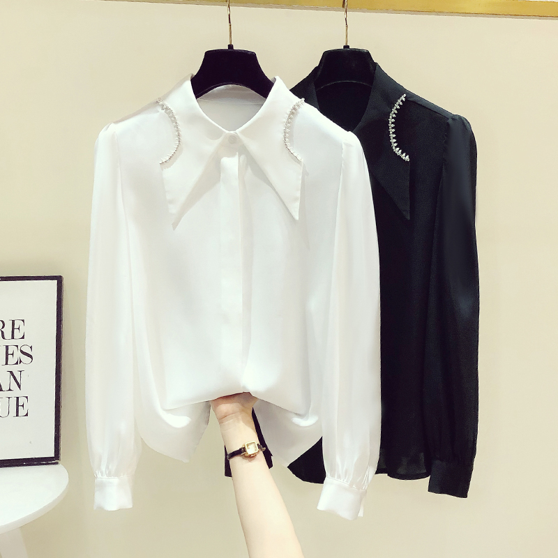 秋季新品雪纺衫女长袖尖领钉珠镶钻上衣时尚洋气个性潮流衬衫
