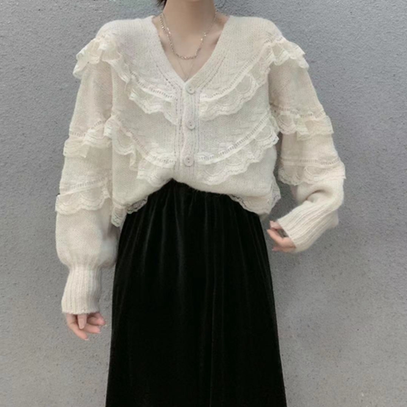 款韩版V字领蕾丝拼接宽松慵懒风休闲时尚针织开衫上衣