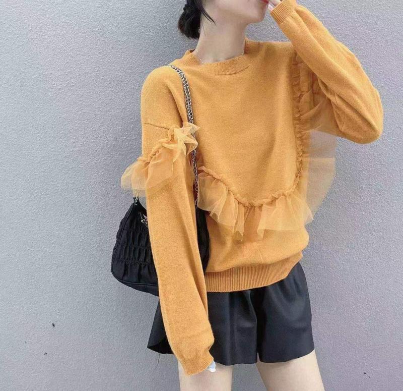 网纱拼接羊毛针织衫女秋装新款韩版宽松显瘦洋气圆领套头毛衣