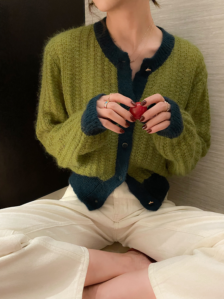 显白撞色~慵懒风复古圆领马海毛开衫女长袖秋冬新打底针织衫