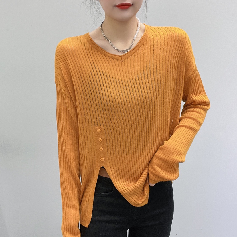 秋季薄款纯色V领长袖打底衫上衣设计感侧开叉针织衫女