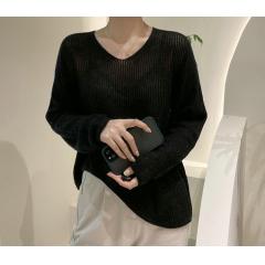 秋季新款欧货不规则下摆宽松纯色羊毛针织V领上衣女潮