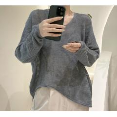 秋季新款欧货不规则下摆宽松纯色羊毛针织V领上衣女潮