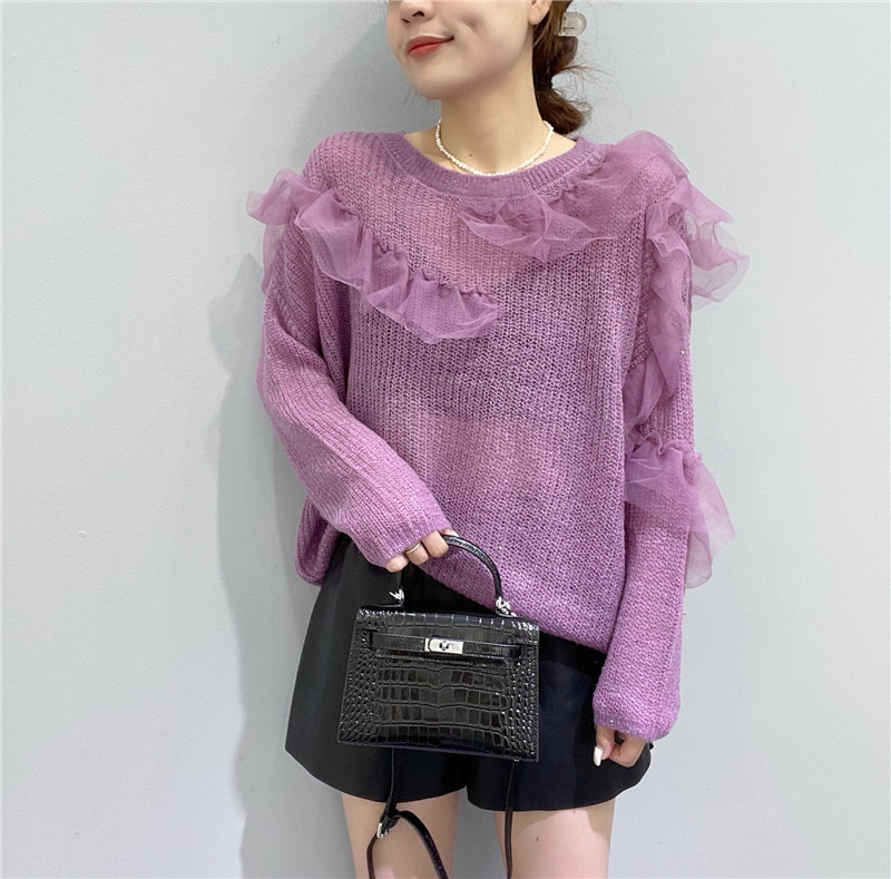 荷叶边网纱拼接设计秋季新款宽松显瘦慵懒风薄款马海毛毛衣女