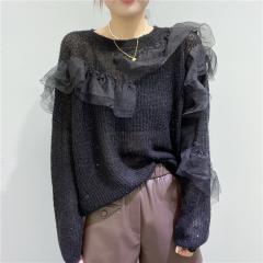 荷叶边网纱拼接设计秋季新款宽松显瘦慵懒风薄款马海毛毛衣女