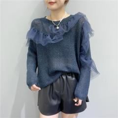 荷叶边网纱拼接设计秋季新款宽松显瘦慵懒风薄款马海毛毛衣女
