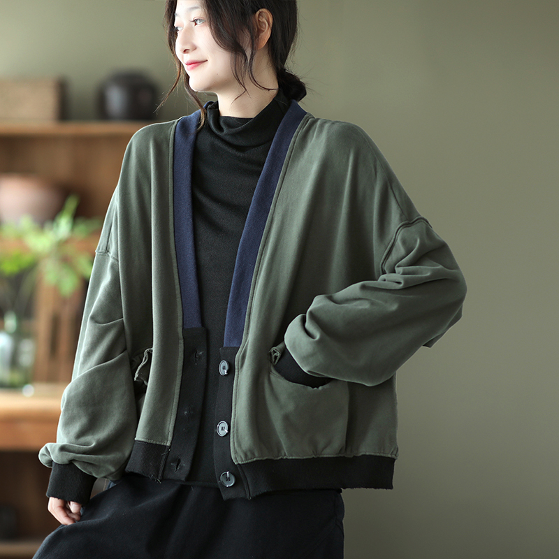 文艺磨边做旧V领撞色拼接宽松卫衣开衫长袖针织外套女