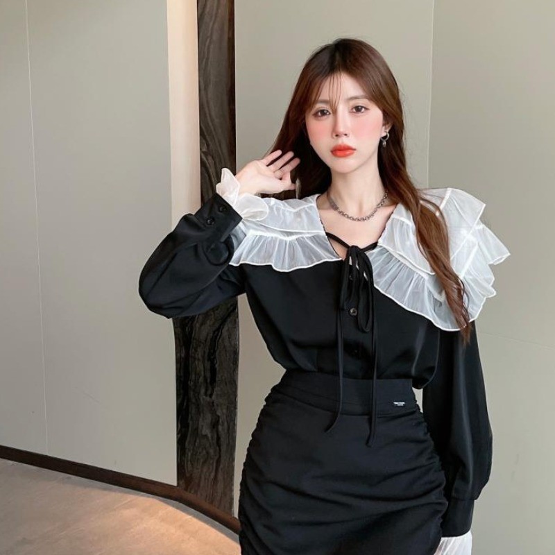 秋装洋气小别致小众设计感上衣荷叶边娃娃领衬衫长