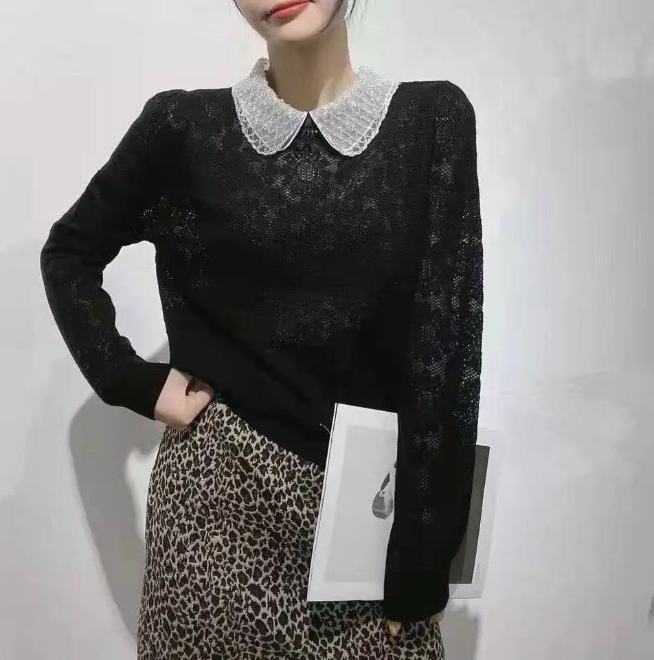 欧货女装钉珠网纱领定位勾花长袖减龄羊毛衫潮