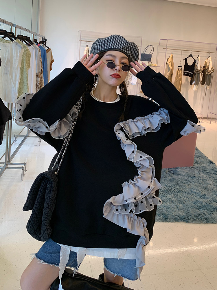 甜酷oversize圆领卫衣女春秋宽松韩版设计感小众炸街盐系法式上衣