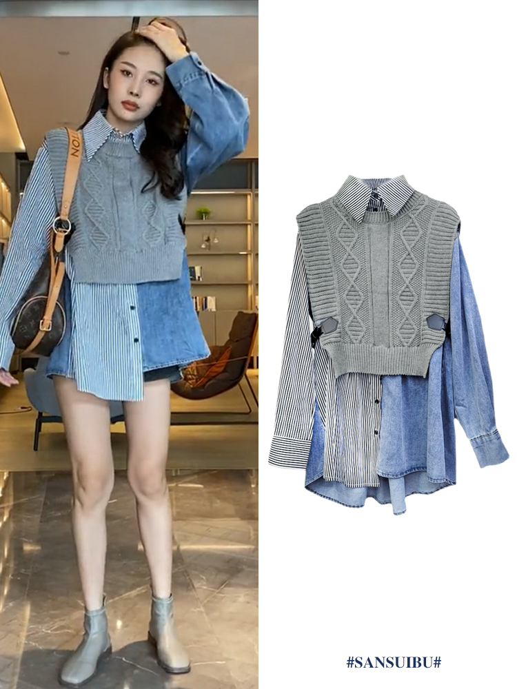 欧洲站针织牛仔拼接条纹衬衫女设计感假两件长袖慵懒宽松早秋上衣