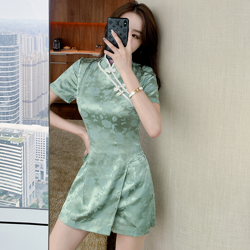 中国风绿色印花旗袍上衣夏季新款复古设计感中式两件套女潮