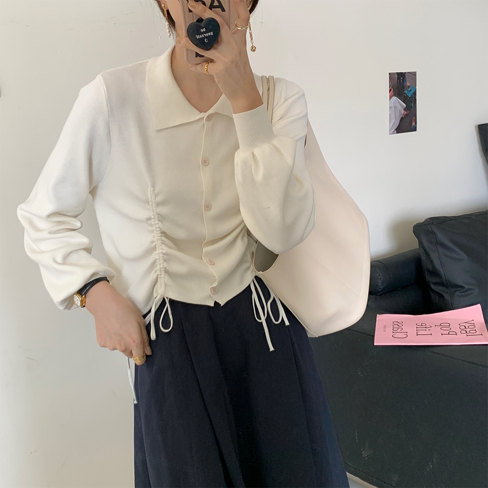 小众设计感抽绳系带针织衫简约纯色小翻领长袖外穿上衣女