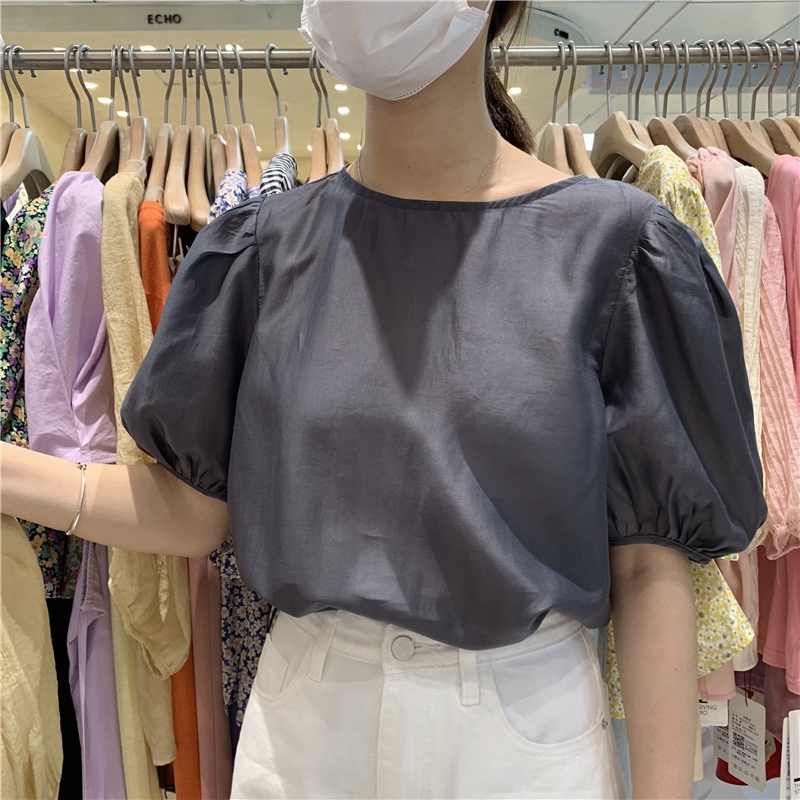 泡泡袖上衣女气质短袖紫色圆领衬衫