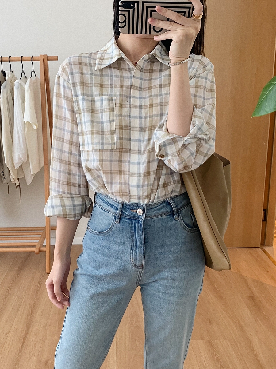 复古格子衬衫女夏港风薄款全棉防晒长袖上衣百搭宽松衬衣