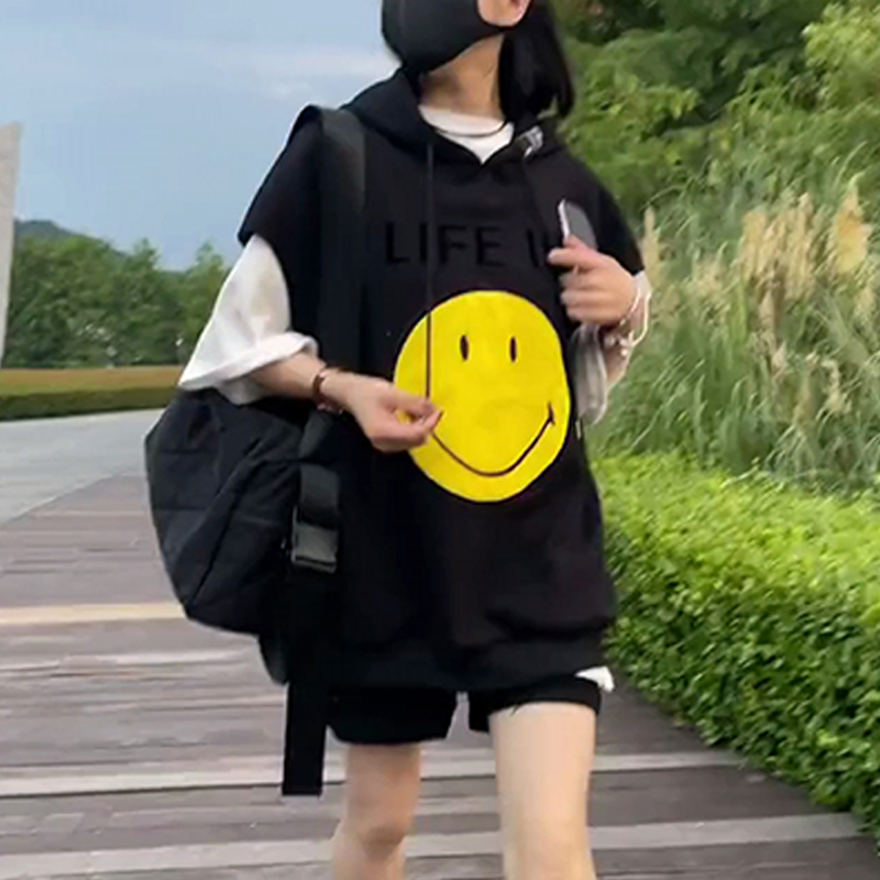 纯棉抽绳连帽马甲女T恤套装女时尚印花外穿百搭背心春秋新款